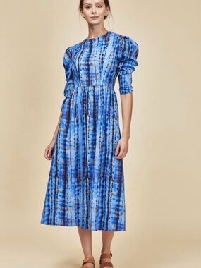 HUNTER BELL Blue and Brown Tie-Dye Midi Dress with Puff Sleeves